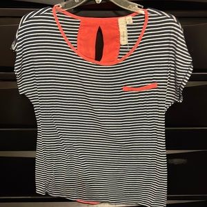 Navy and pink stripe shirt with key hole on back 100% polyester